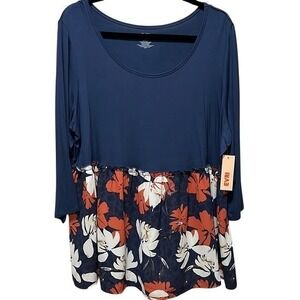 EVRI Top Womens 1X Floral Ruffle Hem Navy Blue Mixed Media Boho Long Sleeve